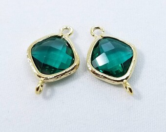 2 pcs, 16x10mm, Emerald Green Crystal Glass Gold Bezel Diamond Connector, Faceted Glass Link, Framed Glass Connector, Gold Rim, CC-0069