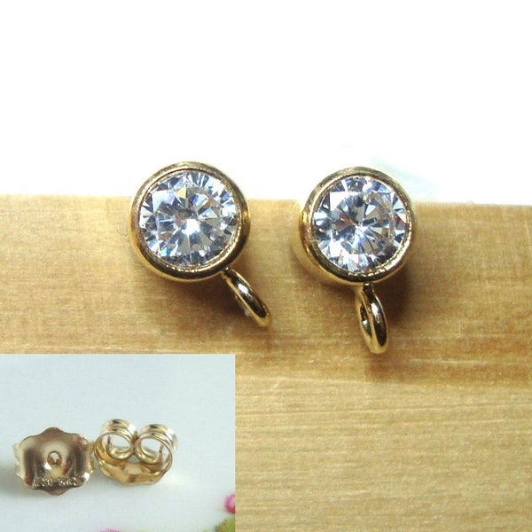 1 pair, 4mm AAA CZ Diamond 14K Gold Filled Ear Post Bezel Setting, connector open ring, Ear Back Included, EP-0069