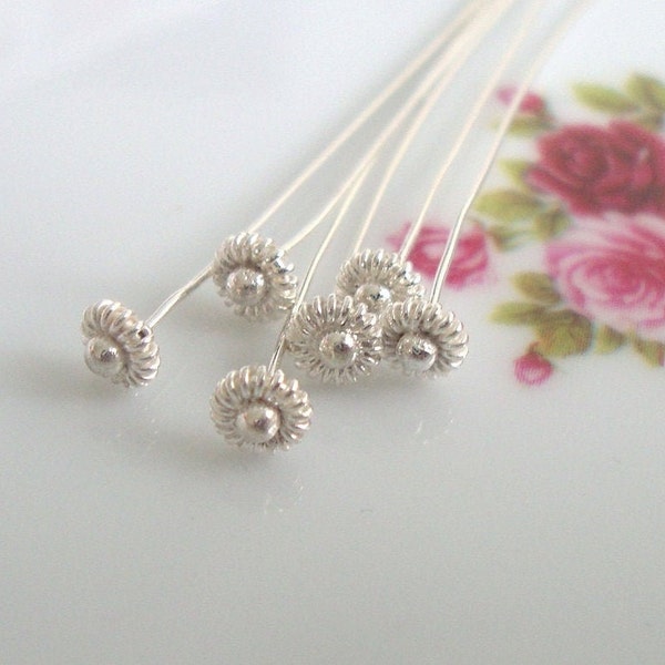 6 pcs, 24ga gauge, 2.5" 62mm, Handmade Findings, Sterling Silver Pretty Twisted Wire Floral Large Head pin, CC-0351