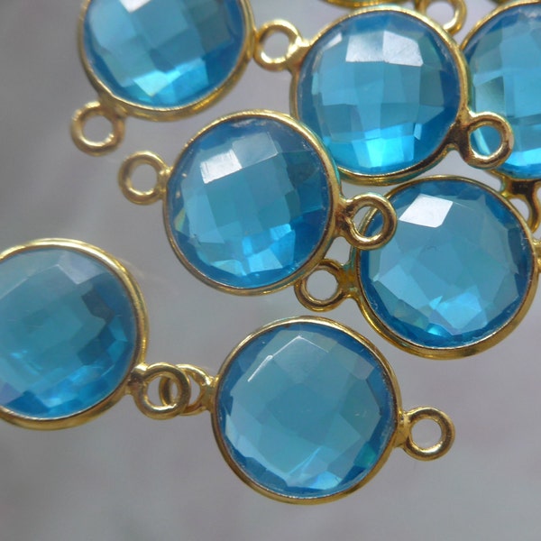 18x12mm, Apatite Blue Quartz Gold Vermeil Sterling Silver Connector, Bezel Rim, Round Faceted Blue Quartz Connector