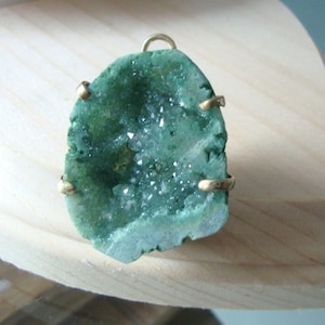 Geode Half Gold Pendant, Emerald Green Color Treated Druzy Drusy Crystal Gold Pendant, 4 paws setting secure, reduced from 14.90
