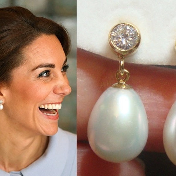 Inspired By The Smile, Real Big Teardrop Pearl Dangle Earring, 14K Gold Filled or Sterling Silver 4mm Diamond  Cubic Zirconia Pearl Earring