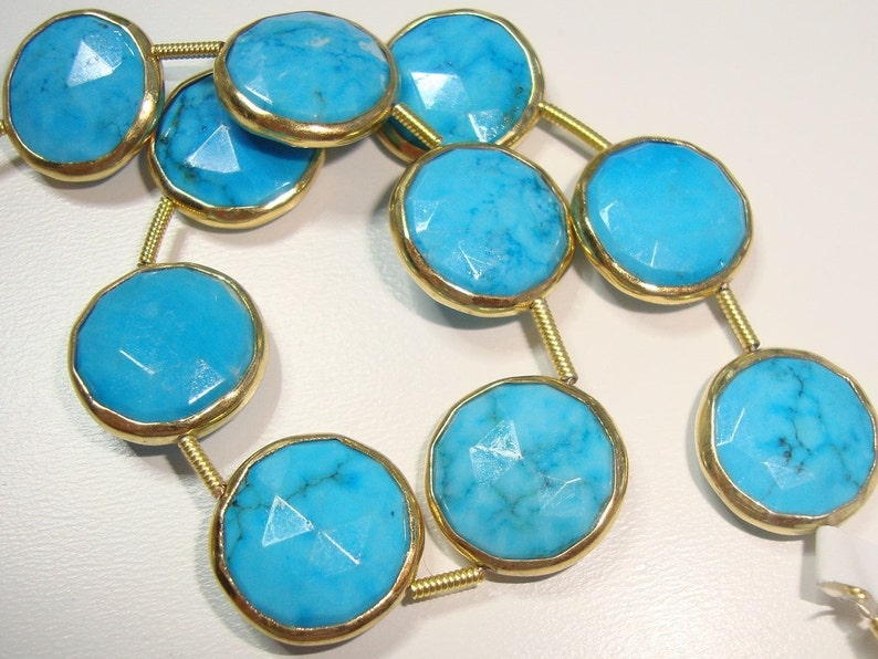 pendant 14-15mm connector Blue Turquoise Faceted Center Drilled Coin Gold Vermeil Bezel Rim 1 pc earrings