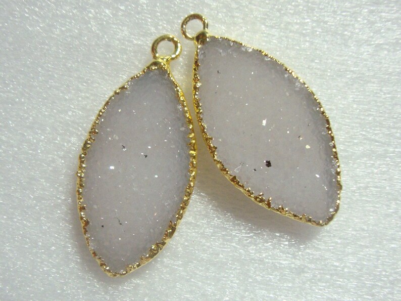 Natural Off White Agate Druzy Drusy 24K Gold Electroplated Pendant Pair Marquise Beautifu Leaf 17e sale Reduced from 39.10