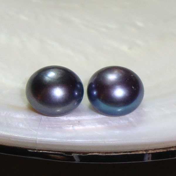 Fresh Water Pearl, Freshwater Pearl Half Drilled, Cultured Peacock Green Pearl, Button Pearl,  7.5-8mm - 2 pcs