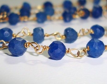 Sterling silver Gold Plate Blue Sapphire Rosary Beaded Chain, 4mm Faceted Rondelle Wire Wrapped Chain, chain by the foot, GS-0322-DS