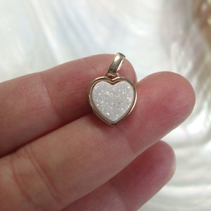 1 pc, 10mm Opal Aura Natural White Heart Druzy Drusy Pendant Set in Gold Tray, 14K Pretty Valentine Design