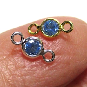 2 pcs, 3mm, 18K Gold Plate, 925 Sterling Silver Blue Topaz AAA CZ Tiny Round Bezel Connector, Minimalist Collections, CC-0109-12