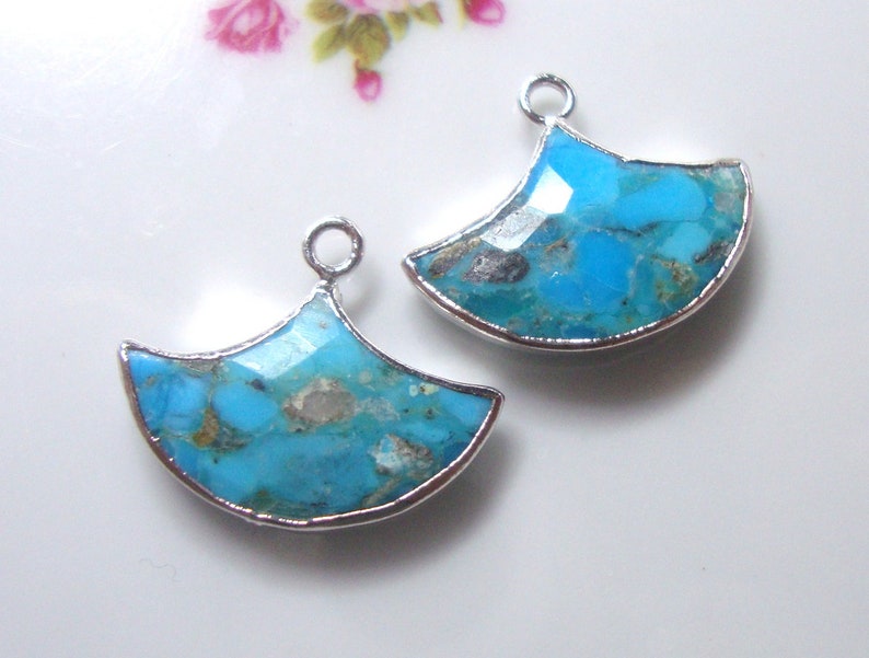 1-2 pcs, Organic Natural Turquoise Silver Electroplated Artsy Fan Pendant Earring Finding, December Birthstone, GS-0002-T image 1