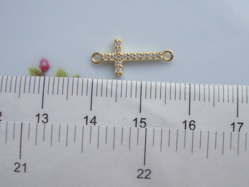 Sideway Cross 18K Gold over 925 Sterling Silver Diamond CZ Small Cross Connector Link 1 pc CC-0127 18x8mm