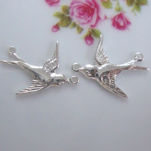 2 pcs, 1 left 1 right, 925 Sterling Silver Happy Sparrow, Swallow Connector with 2 loops, Connectors