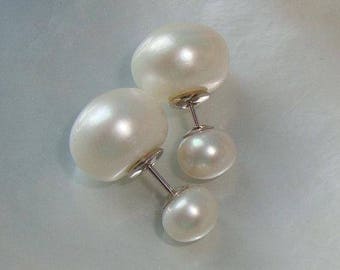 June Birthday 11-12mm pearl Double Sided Reversible Creamy White Natural Pearl Ear Stud,14K GF or Sterling Silver Front to Back Chic Earring