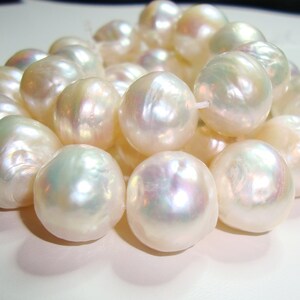 May include: A strand of white pearls with a pearlescent sheen. The pearls are round and smooth, and they are arranged in a loose, flowing pattern.