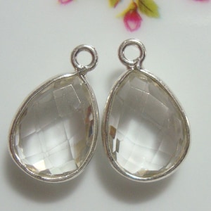 2 pcs, 16x10mm, Handmade Tear Drop Clear Quartz Sterling Silver Bezel Rim Charm Pendant finding, April Birthstone