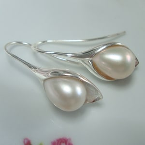 Sterling silver Real AAA Teardrop Pearl Calla Lily Earring, Freshwater Pearl Earrings, Best Gift for Her