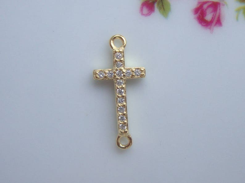 Sideway Cross 18K Gold over 925 Sterling Silver Diamond CZ Small Cross Connector Link 1 pc CC-0127 18x8mm