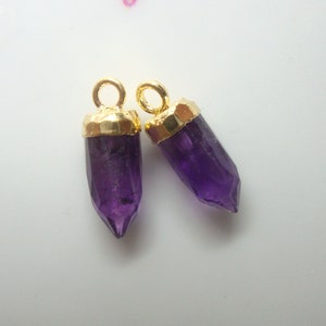 1pc or One Pair, Healing Crystal, Purple Amethyst Small Spike Pendant Charm Earring Finding, Gold Electroplate, 14x5mm, PC-0393-2