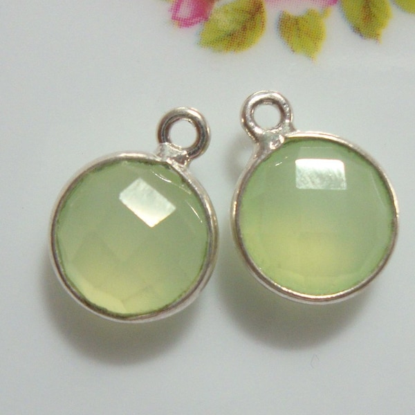 12x9mm, 8mm stone, 4 pcs, Handmade Green Chalcedony Sterling silver Bezel Rim Pendant Charm finding, GC