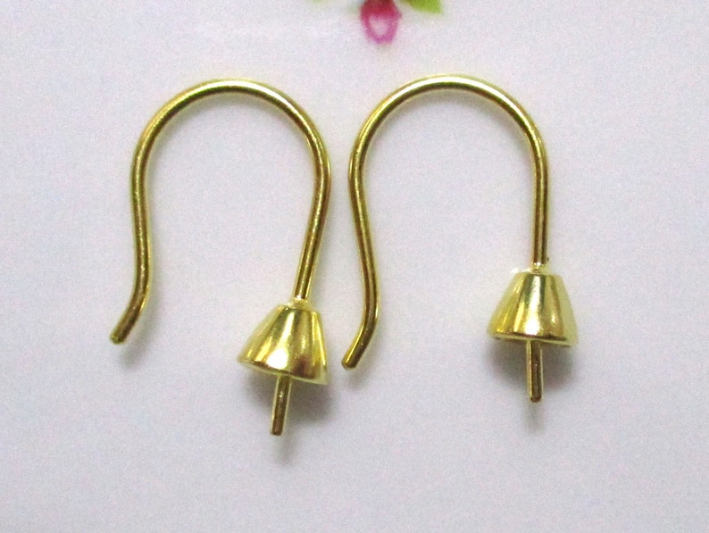 2 pcs, 19x12mm, 18K Gold Plate Sterling Silver Earrings Findings, French Hook Cone Bead Cap Peg for Half Drilled Beads and Pearls, EW-0166 image 3