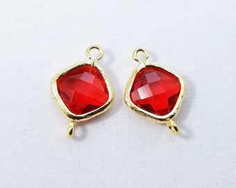 2 pcs, 16x10mm, Garnet Red Crystal Glass Gold Bezel Diamond Connector, Faceted Glass Link, Framed Glass Connector, Gold Rim, CC-0069