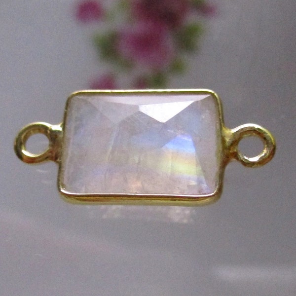 1 pc, Sterling Silver Gold Plate Rainbow Moonstone Faceted Rectangle   Bezel Connector, Pendant Connector, GS-0577-06