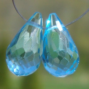 AAA, 2 pcs, 9.5-10x5.5-6mm, Genuine SWISS Blue Topaz lovely Micro Faceted 3D Cut Teardrop Briolettes