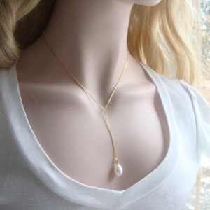 Echte Natürliche Große Tropfen Perle Goldkette, Zarte Lariat Y Halskette, 14K Gold Filled, 925 Sterling Silber Gold Platte und Rose Gold Platte,