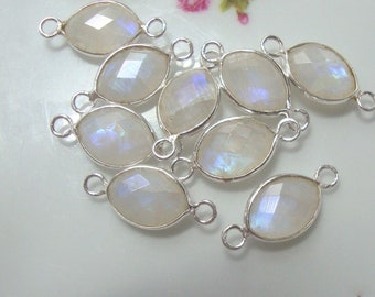 2 pcs, 20mm, 8x11mm stone, Faceted Moonstone Sterling Silver Bezel Rim Tiny Leaf Connector, Small Marquise, June Birthstone, 06