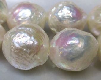 Full 16" Strand, Kasumi Like Ivory Creamy White Iridescent Nucleated Bead, Fresh Water Baroque Round Pearls, Gigantic, 12.0-14.0mm, P-0240