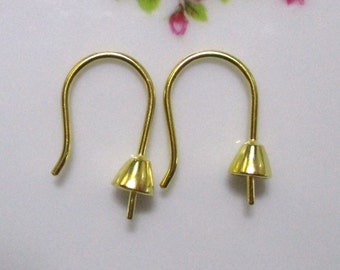 2 pcs, 19x12mm, 18K Gold Plate Sterling Silver Earrings Findings, French Hook Cone Bead Cap Peg for Half Drilled Beads and Pearls, EW-0166