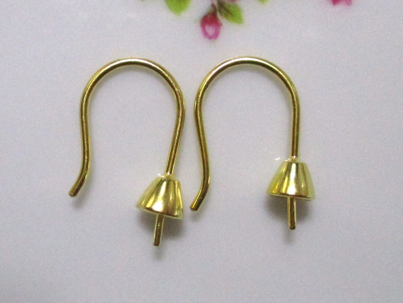 2 pcs, 19x12mm, 18K Gold Plate Sterling Silver Earrings Findings, French Hook Cone Bead Cap Peg for Half Drilled Beads and Pearls, EW-0166 image 1