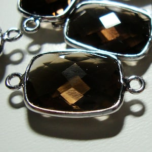 AAA Calibrated Smoky Quartz Faceted Rectangular Sterling Silver Connector - Gemstone Quality, 22x11mm, 2 pcs