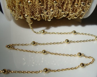 bulk 5 ft, 18K Gold Plate Sterling Silver Round Bead Satellite, Tin Cup Sterling Silver Chain, 1.1mm Cable Chain, 2.6mm beads