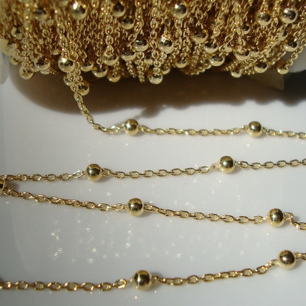 18K Gold Plate Sterling Silver Round Bead Satellite, Tin Cup Sterling Silver Chain, 1.1mm Cable Chain, 2.6mm perles, 3 ft