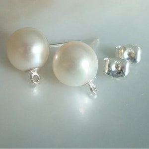 2 pcs, Sterling Silver Pearl Ear Post, 7.5-8mm AAA Genuine Creamy White Pearl Ear Stud with Open Loop, Ear Nuts Included