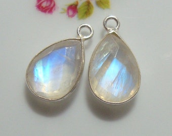 Bulk 10 pcs, 16x10mm, Handmade TearDrop Natural Moonstone Sterling Silver Bezel Rim Charm Pendant, June Birthstone, 06-A