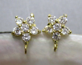 18K Gold Plate Sterling Silver CZ Flower Ear Post, 2 pcs, Bridal Design, Open Loop, Premium Ear Nuts included, EP-0032