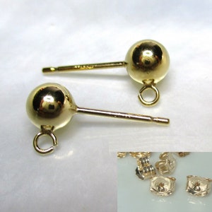 2 pcs, 14K Gold Filled  4.75mm Round Bead Ear Post open Loop, Ear Nuts included, EP-0146