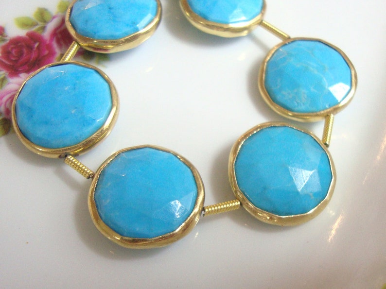 pendant 14-15mm connector Blue Turquoise Faceted Center Drilled Coin Gold Vermeil Bezel Rim 1 pc earrings