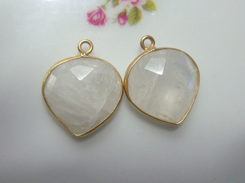 2 pcs 06 June Birthstone Handmade Moonstone Gold Vermeil Sterling Silver Upside Down Heart Bezel Rim Pendant Earring Finding