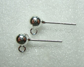 4 pcs, 5mm ball, 925 Sterling Silver Round Bead Ear Post with open Loop, Ear Nuts included, EP-0052