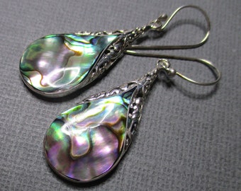 Stunning Abalone shell Sterling Siver Filigree Earrings, Shades of lilac, indigo and teal radiate Chandelier Earrings