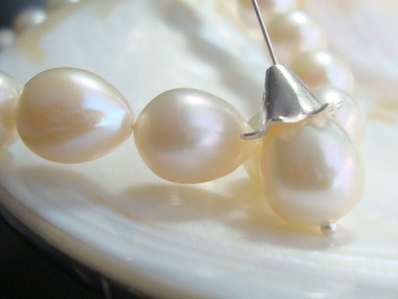 1 pair, 9-10x7-7.5mm, Wonderful lustrous, Gorgeous Genuine Fresh Water Full Drilled White Pearls Drop Shape, Best for Bridal, June Birthday image 2