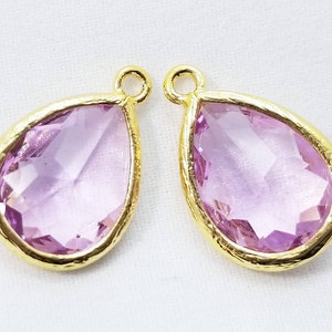 2 pcs, 16x11mm, Violet Purple Teardrop Pendant Charm Dangle, Faceted Glass Teardrop, Frame Glass Drop, Gold Rim, PC-0232