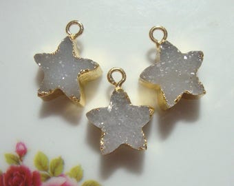 1, 5 pcs, 9-10mm, Gold Electroplated White Off White Agate Iridescent Druzy Drusy Crystal Star, Natural Color, Pendant Earring Pair, GS-0147