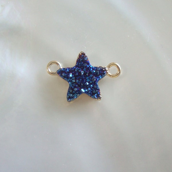 1 pc, 12mm Star, Gold Electroplated Titanium Blue Agate Druzy Drusy Crystal Star Pendant Charm Connector, Twinkles in the Star, 12C