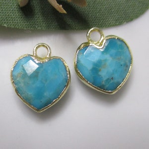 2 pcs, 9-10mm, Natural Turquoise Faceted and Double Sided Heart Gold Electroplated Pendant Charm, GS-0102-NT