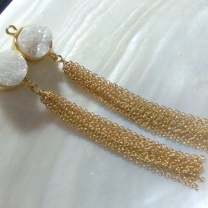 Aura Opal Crystal Druzy Chain Tassel, Boho Chic Handmade Gold Tassel, Pearl like Druzy Drusy,Tassel pendant, 12mm Druzy, T12W