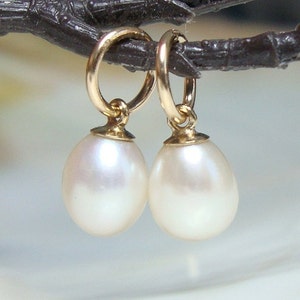 2 pcs, Freshwater Pearl Cute Dangle Hooplet, 10-11x5.5-6mm, AAA Creamy WhiteFresh Water Pearl Pendant Earring Hooplet