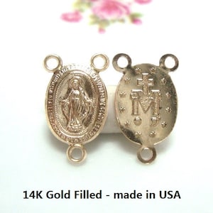 1 ud, 14K oro lleno de oro milagrosa medalla Virgen María Rosario 3 maneras Conector colgante encanto para collar, Santísima Madre, PC-0298